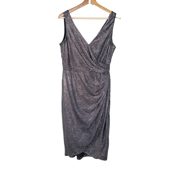 Maggy London Womens Pewter Gray Faux Wrap Sleeveless Dress Size 10 Crinkle Event - Picture 1 of 9